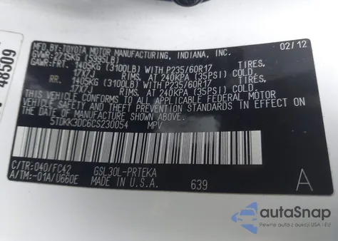 2012 Toyota Sienna Le V6 8 Passenger z USA, uszkodzony, nr VIN 5TDKK3DC6CS230054